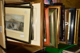 A BOX OF FRAMED PRINTS ETC, including 19th century topographical with hand tinting