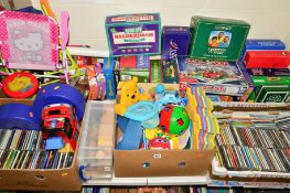 EIGHT BOXES AND LOOSE GAMES, TOYS, BOOKS, CD's, etc to include childrens folding chairs, wooden