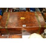 A VICTORIAN WALNUT BRASS BOUND WRITING SLOPE, not complete but has one ink bottle, has some damage