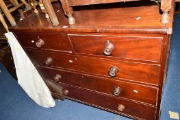A GEORGIAN MAHOGANY AND INLAID CHEST of two short and three long drawers with turned handles on