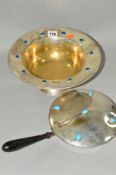 AN ARTS AND CRAFTS STYLE PLATED BRASS CIRCULAR BOWL AND LIDDED CHAFING DISH, plate worn, no makers