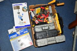 A BOX PLUS LOOSE, to include cased hand tools, socket set, Powercraft battery drill and Dremel