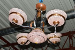 AN ART NOUVEAU CHROME AND BRASS FOUR BRANCH CHANDELIER with etched pink shades