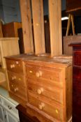 TWO PINE THREE DRAWER BEDSIDE CHESTS and a pine hanging plate rack (sd) (3)