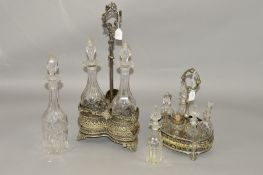 A LATE VICTORIAN MAPPIN SILVER PLATED THREE BOTTLE DECANTER STAND, with a set of three clear glass