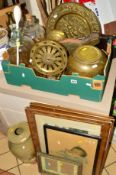 VARIOUS SUNDRIES, to include brasswares (trivet, candlesticks, bellows etc), stoneware barrel, glass