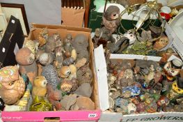 TWO BOXES AND LOOSE OWL ORNAMENTS ETC, to include lamp bases and money boxes, cloisonne etc