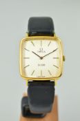 A LATE 20TH CENTURY GENTS GOLD PLATED OMEGA WRISTWATCH, cushion shape case measuring approximately
