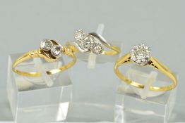 THREE DIAMOND RINGS, the first an 18ct gold single stone diamond ring, the brilliant cut diamond