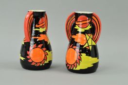 TWO LIMITED EDITION LORNA BAILEY FOR OLD ELLGREAVE POTTERY TWIN HANDLED VASES, 'Celestal' design,