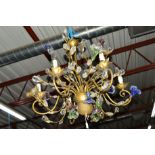 A MODERN BRASS AND COLOURED GLASS CHANDELIER