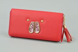 A LADIES RED PURSE (BUNNY DESIGN TO FRONT)