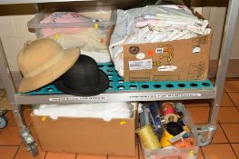 FOUR BOXES OF LOOSE LINEN, HATS, etc, to include Warwick bowler hat size 6 7/8, a Pith size 6 5/8,