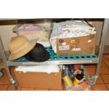 FOUR BOXES OF LOOSE LINEN, HATS, etc, to include Warwick bowler hat size 6 7/8, a Pith size 6 5/8,
