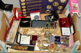 A BOX OF COSTUME JEWELLERY to include a Christian Dior blue paste bracelet, Celtic design Miracle