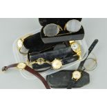 A BOX OF MIXED WATCHES including Timex, Rotary etc (7) and four Edwardian spectacles