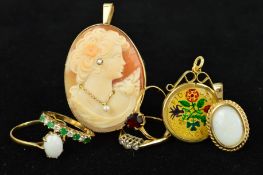 SIX ITEMS OF GOLD JEWELLERY AND A SILVER COIN PENDANT to include an oval cameo brooch/pendant set