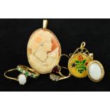 SIX ITEMS OF GOLD JEWELLERY AND A SILVER COIN PENDANT to include an oval cameo brooch/pendant set