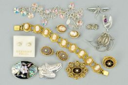 THIRTEEN ITEMS OF JEWELLERY to include a Mexican Alpaca abalone shell oval floral brooch, a matching