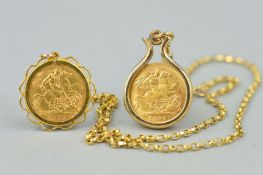 TWO SOVEREIGN PENDANTS AND A CHAIN, the first a half sovereign dated 1908 to the plain 9ct gold