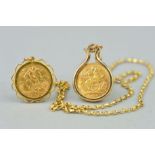 TWO SOVEREIGN PENDANTS AND A CHAIN, the first a half sovereign dated 1908 to the plain 9ct gold