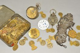 A SELECTION OF POCKET WATCH PARTS, PART OF A CHATELAINE AND A DECORATIVE PANEL, the silver