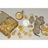 A SELECTION OF POCKET WATCH PARTS, PART OF A CHATELAINE AND A DECORATIVE PANEL, the silver