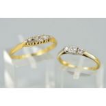 TWO THREE STONE DIAMOND RINGS, the first designed as three graduated brilliant cut diamonds within