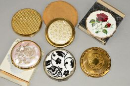 SIX COMPACTS to include three Stratton compacts, one with fancy scalloped edging and enamel rose