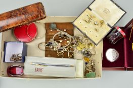 A SMALL BOX OF JEWELLERY AND ACCESSORIES to include silver and white metal jewellery, three gold