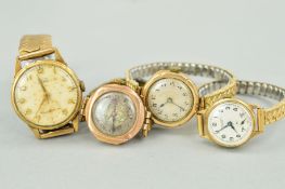 FOUR WRISTWATCHES, all with circular heads and expandable straps, to include two 9ct gold watch