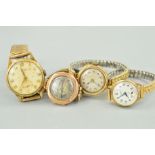 FOUR WRISTWATCHES, all with circular heads and expandable straps, to include two 9ct gold watch