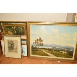 A SMALL GROUP OF PICTURES AND PRINTS, to include a P.Ewart oil on canvas painting of a continental