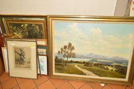 A SMALL GROUP OF PICTURES AND PRINTS, to include a P.Ewart oil on canvas painting of a continental