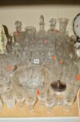 A PARCEL OF CUT GLASS etc, to include drinking glasses, decanters, vases, preserve jar with lid