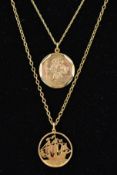 TWO 9CT GOLD PENDANTS WITH CHAINS, the first a circular St Christopher suspended from a fancy link