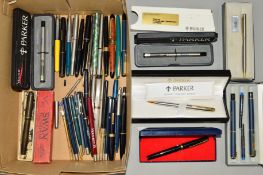 A BOX OF PENS, fountain, ball, dip, etc, includes Parker, Cross, Watermans, Conway, Swan, etc,