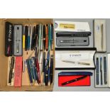 A BOX OF PENS, fountain, ball, dip, etc, includes Parker, Cross, Watermans, Conway, Swan, etc,