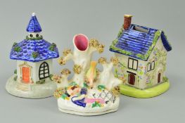 THREE STAFFORDSHIRE ITEMS to include a small chimney figure group, a pastille burner shaped as