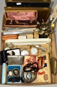A BOX OF MAINLY JEWELLERY to include a German silver cigarette case, a late Victorian In Memory Of