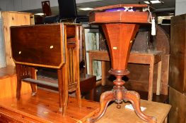 A VICTORIAN WALNUT TRUMPET SEWING TABLE on triple legs with sewing accessories, together with an
