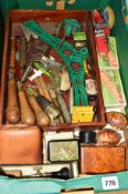 A BOX OF ASSORTED TOOLS AND COLLECTABLES, including shells, gaming pieces, gramophone needles etc