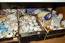 FIVE BOXES AND LOOSE TEA AND DINNERWARES etc, to include Sheriden, Duchess, Gainsborough, blue and