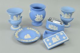 SIX WEDGWOOD BLUE JASPERWARE ITEMS to include table lighter, ashtray etc (6)