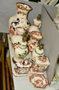 NINE PIECES OF MASONS IRONSTONE, to include three lamp bases, three baluster vases, approximate