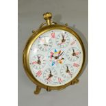 A LARGE BRASS POCKET WATCH STYLE 'WORD TIME' CLOCK on a brass stand, quartz movement, approximate