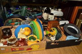 FIVE BOXES AND LOOSE SUNDRY ITEMS, to include a box of stoneware storage jars, tennis rackets,