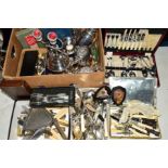 A QUANTITY OF SILVER PLATE AND STAINLESS STEEL including cased and loose cutlery, candelabrum,