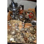 TWO BOXES OF SILVER PLATE AND OTHER METALWARES including candlesticks, samovar, cake basket, tea