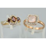 TWO 9CT GOLD GEM SET RINGS, the first a garnet and diamond dress ring, designed as an oval garnet